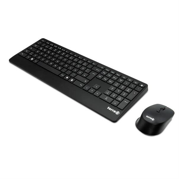 Black wireless keyboard and mouse set on a white background.
