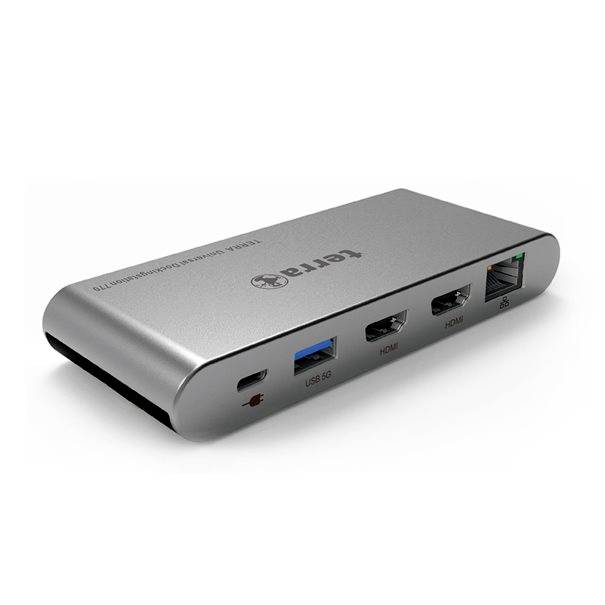 Silver USB-C docking station with multiple ports, including USB 3.0, HDMI, and Ethernet, shown on a white background.