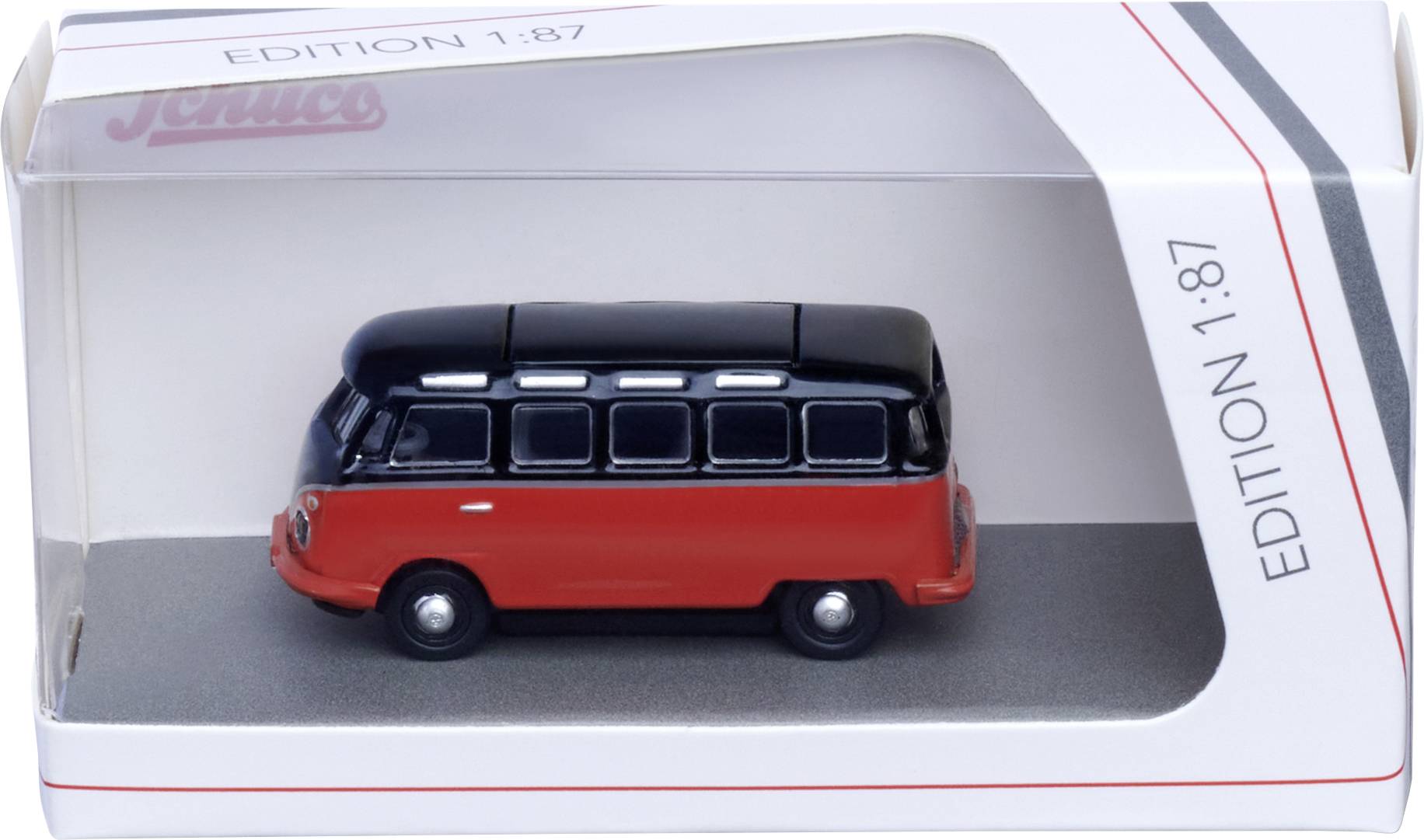 Toy red-and-black van model displayed in its 'EDITION 1:87' retail box.