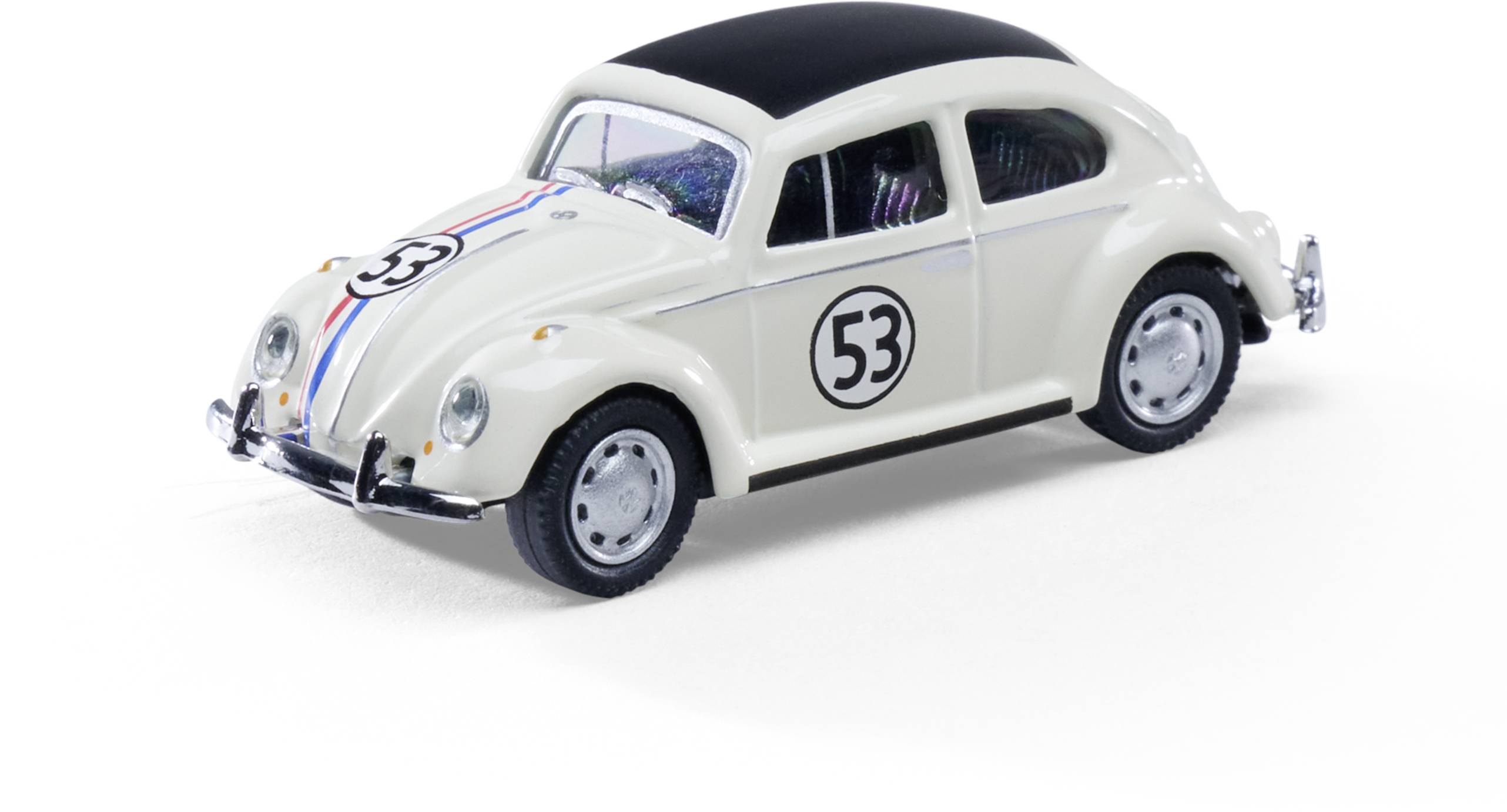 White vintage Volkswagen Beetle model car with black roof and number 53 racing decals on a white background.
