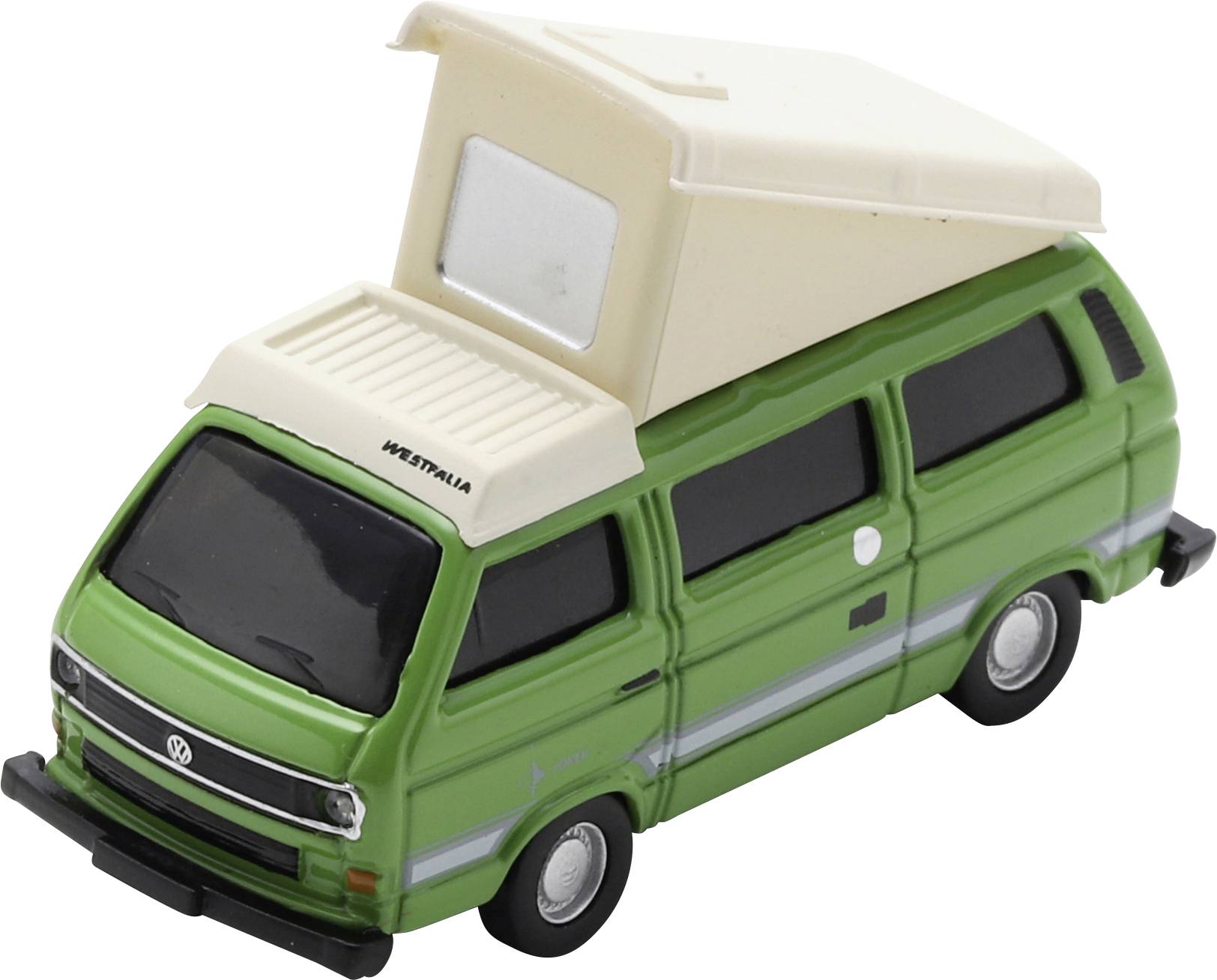 Green Volkswagen camper van toy with beige pop-up roof, shown in three-quarter view on a white background.