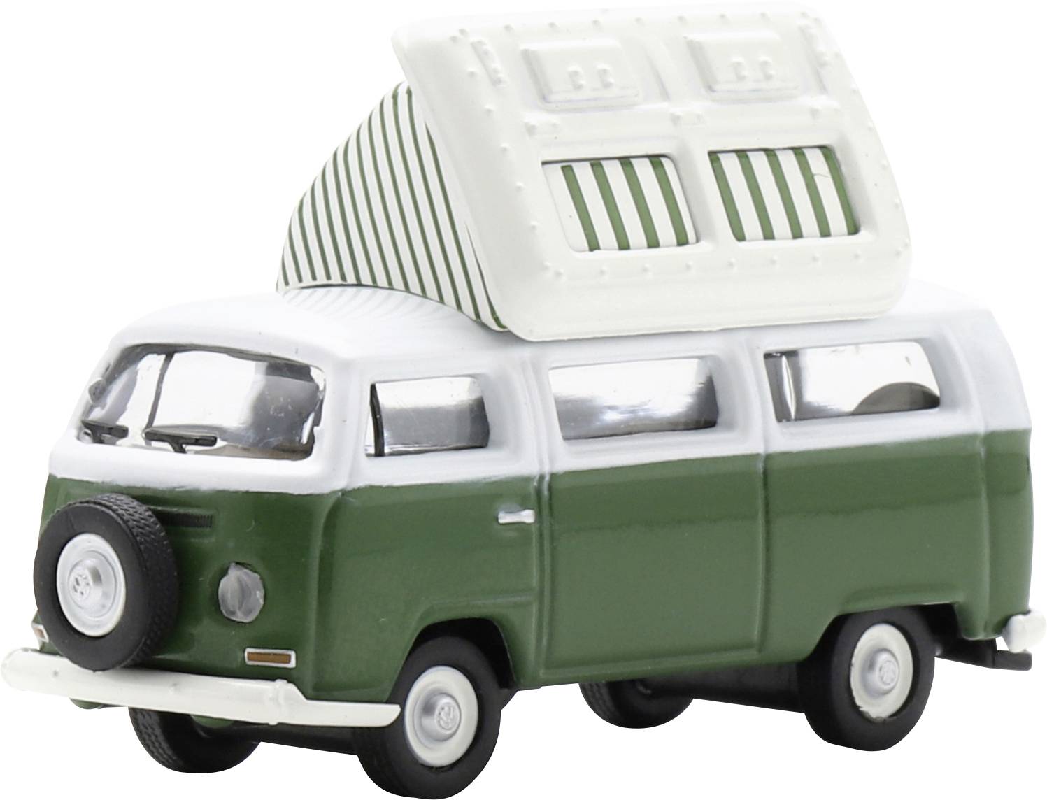 Small green-and-white toy camper van with a roof tent, shown on a white background.