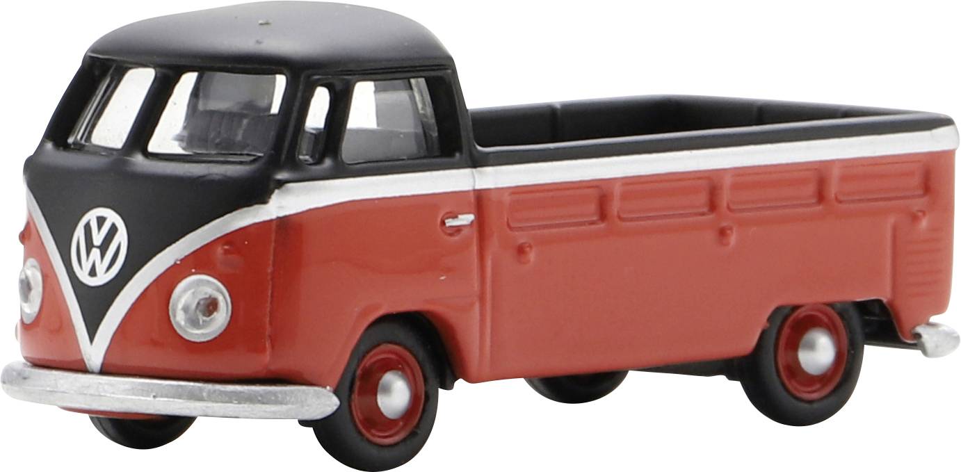 Red and black Volkswagen pickup truck model toy on a white background, shown in side view.