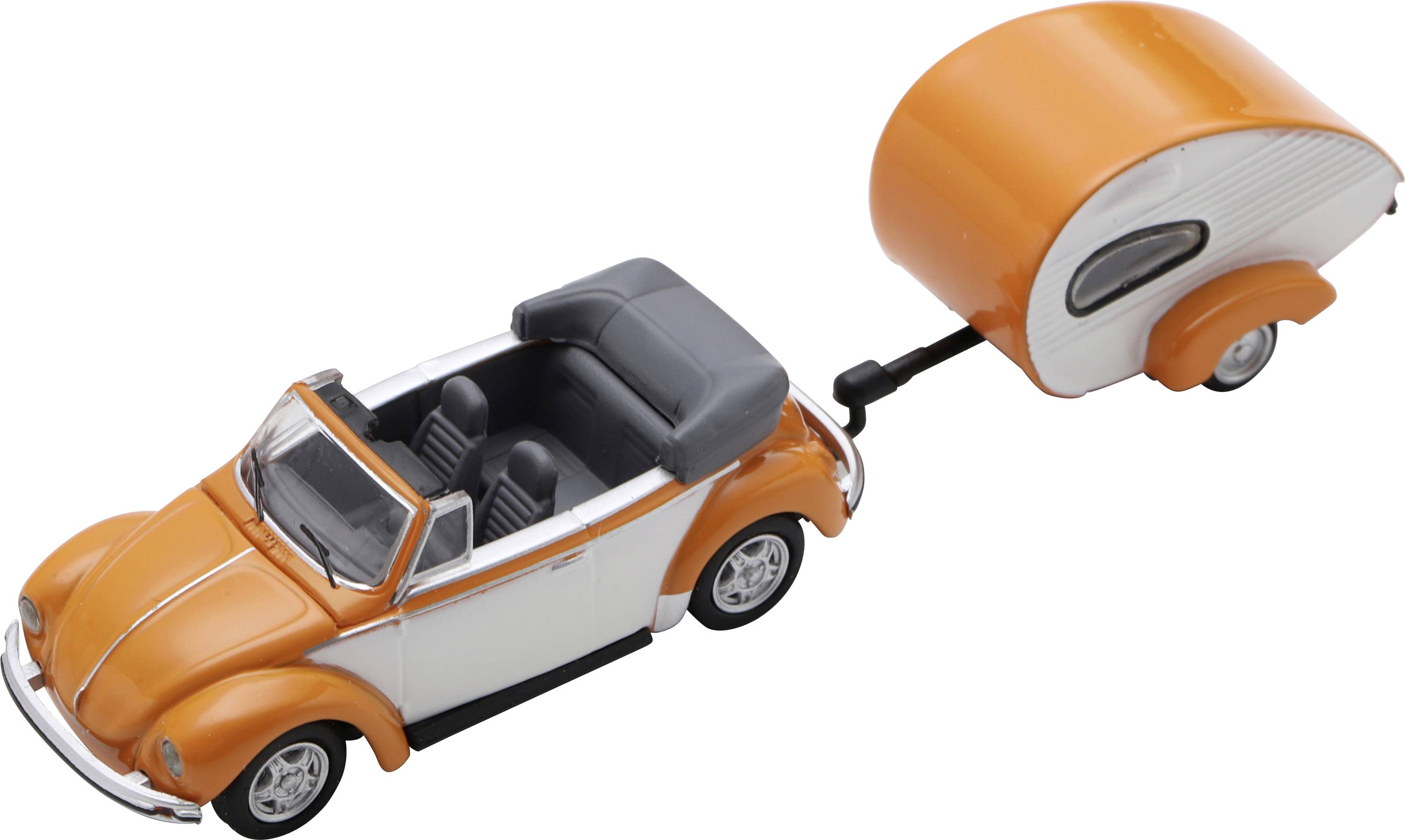 Orange and white toy convertible car towing a small matching trailer on a white background.