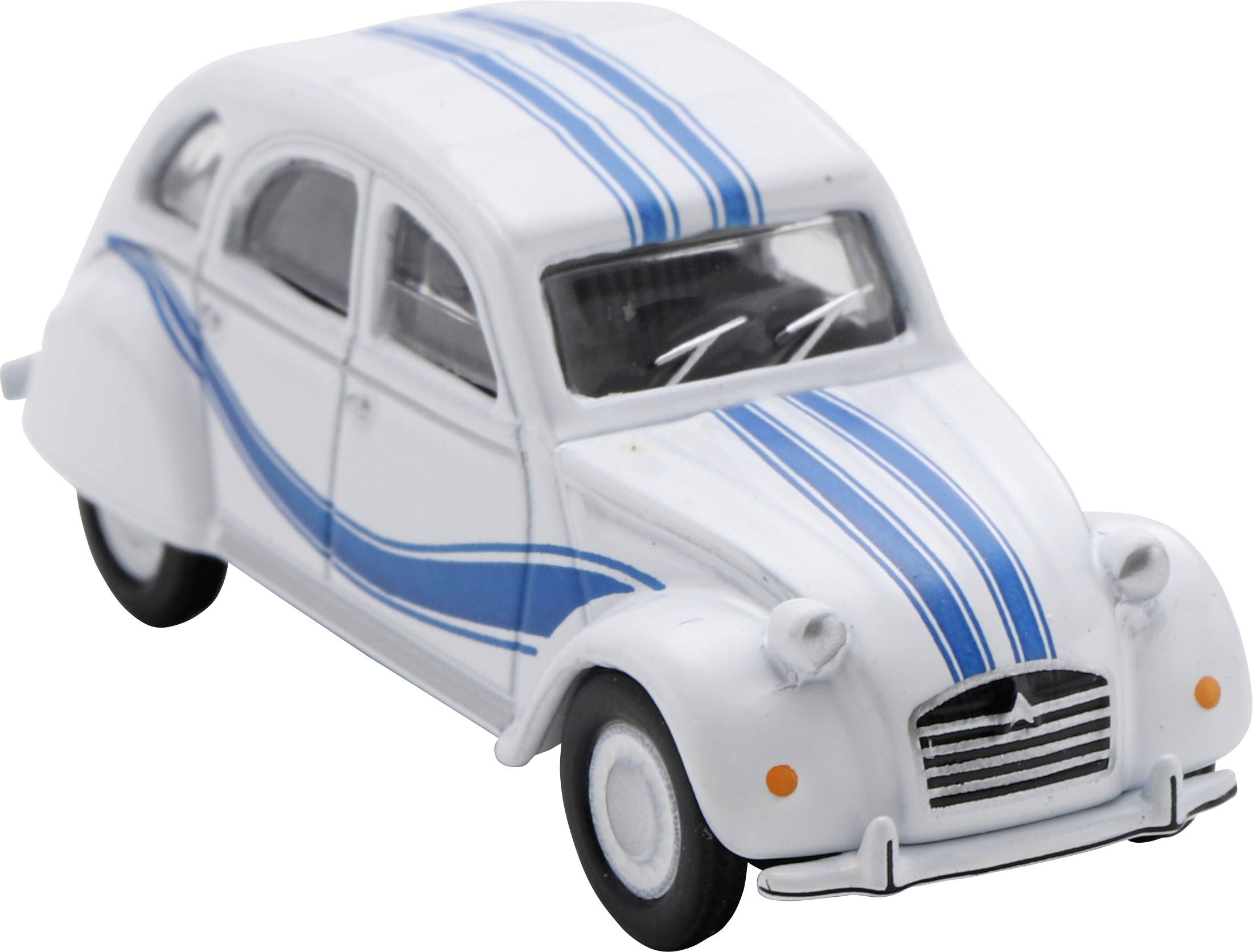 White vintage toy car with blue racing stripes, shown on a plain background.