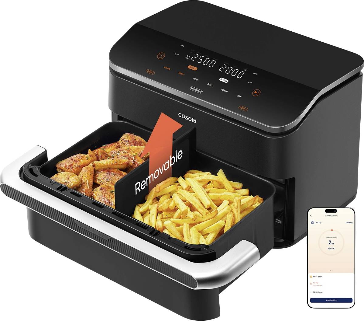 Black dual-drawer air fryer with removable divider, one drawer holding chicken wings and the other French fries; small phone app control shown.