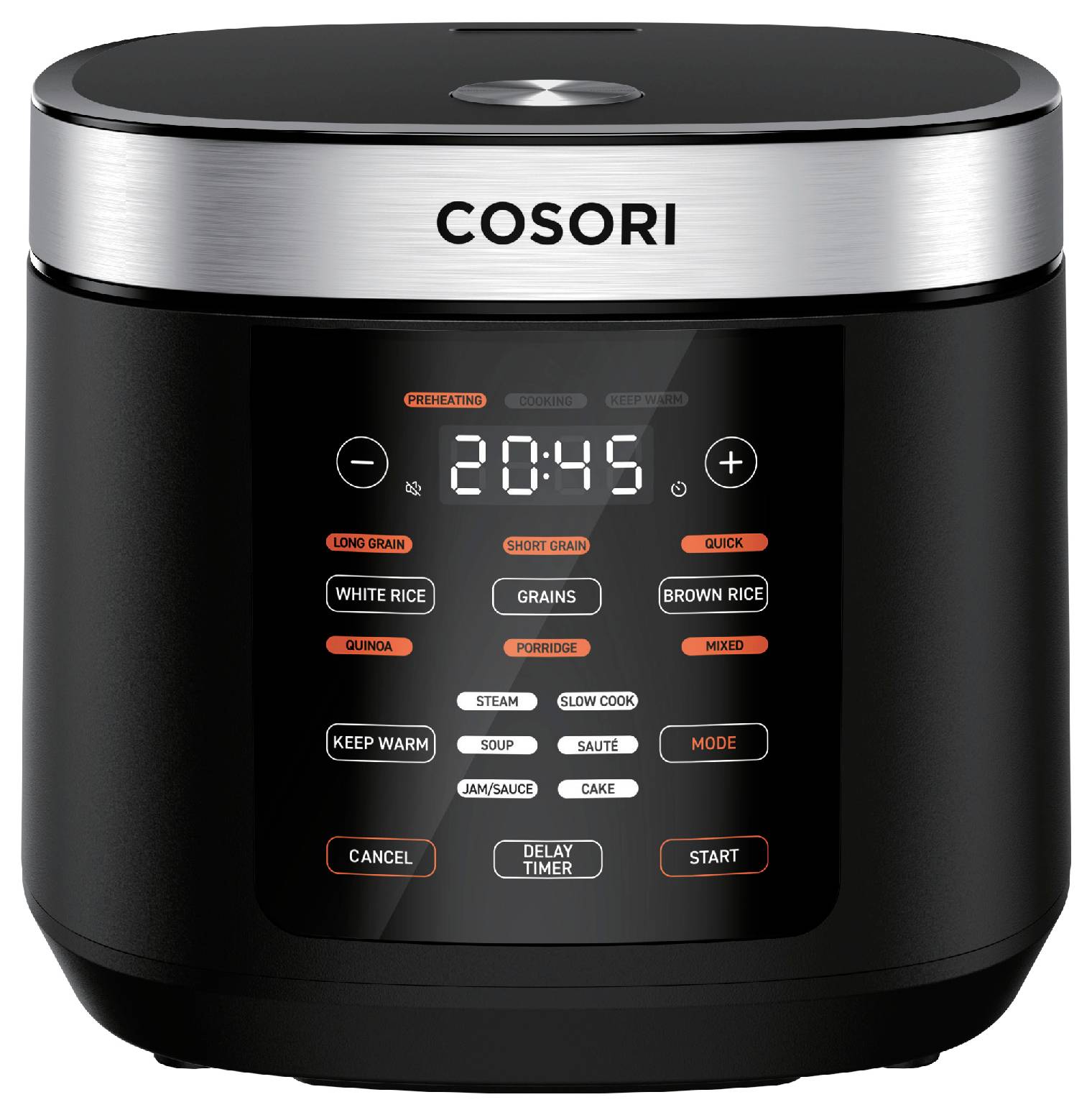 COSORI digital rice cooker with a clock display showing 20:45 and cooking preset buttons for white rice, grains, brown rice, steam, soup, sauté, and start/cancel.