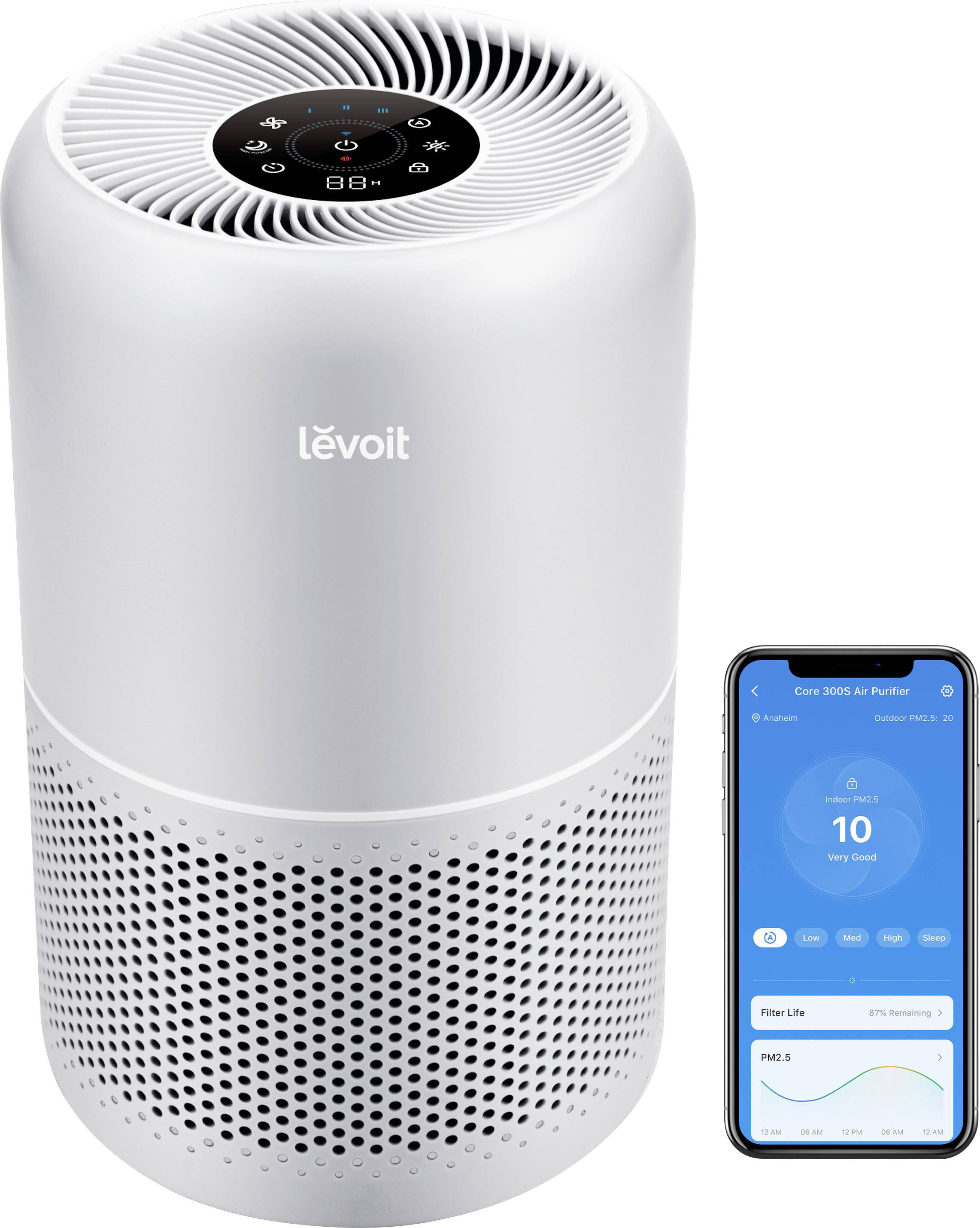 White Levoit air purifier with touchscreen top and matching smartphone app showing air quality status on a blue display.