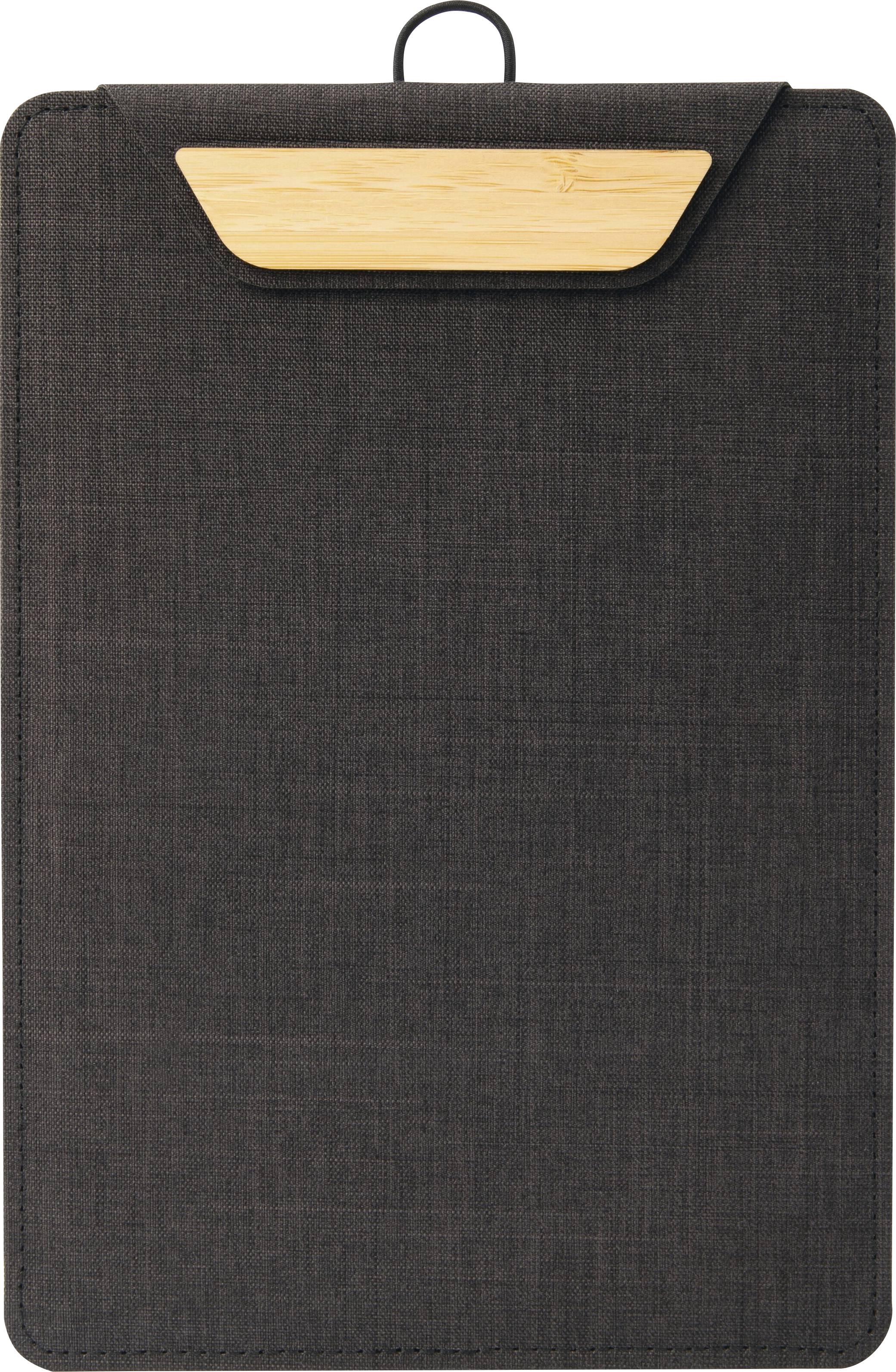 Black fabric portfolio or clipboard holder with a wooden top handle, shown against a white background.