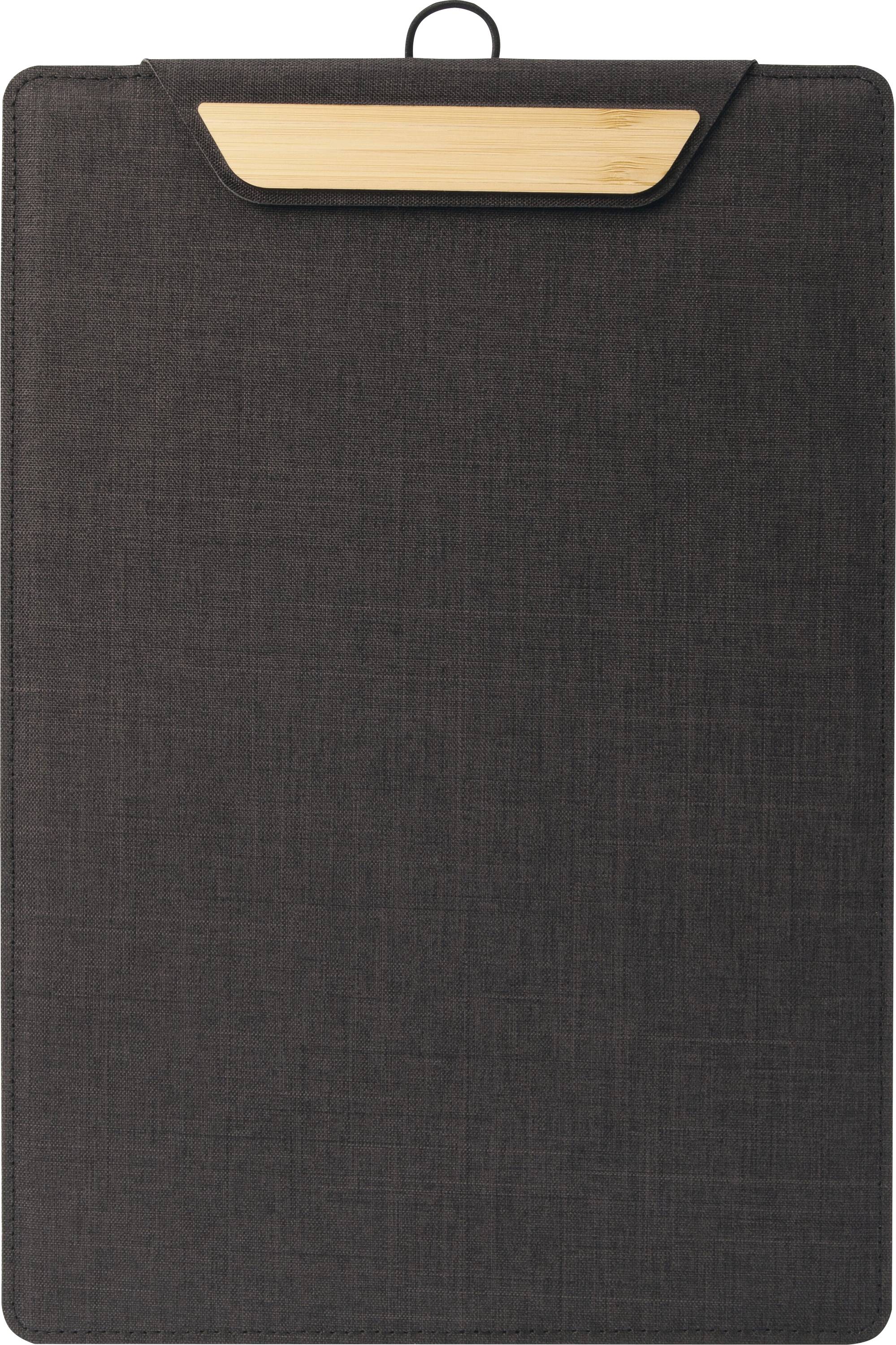 Dark fabric clipboard or portfolio folder with a wooden top clip against a white background.