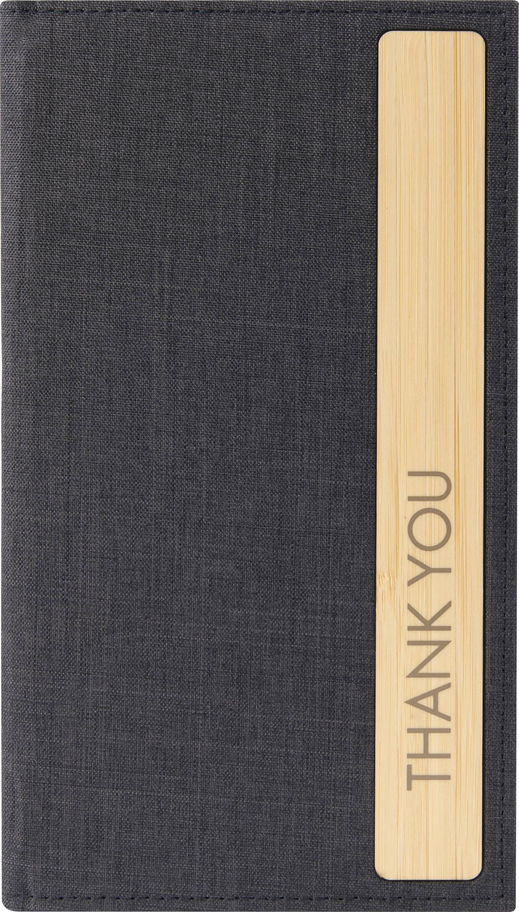 Dark fabric notebook cover with a vertical bamboo bookmark or accent strip printed 'THANK YOU'