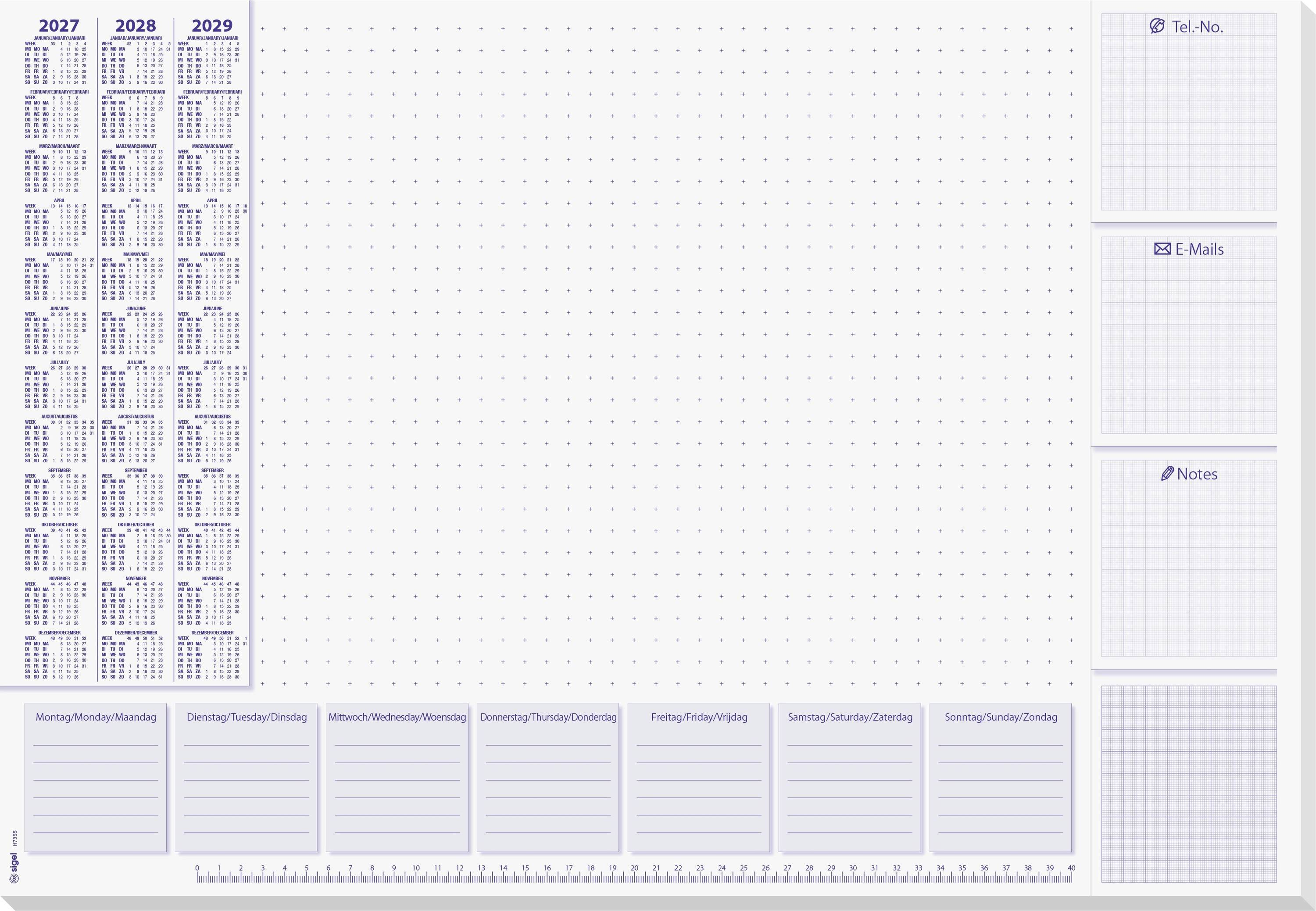 Blank yearly planner with small year calendars for 2027-2029, a large dotted notes area, weekly schedule boxes, and side sections for tel. no., e-mails, and notes.