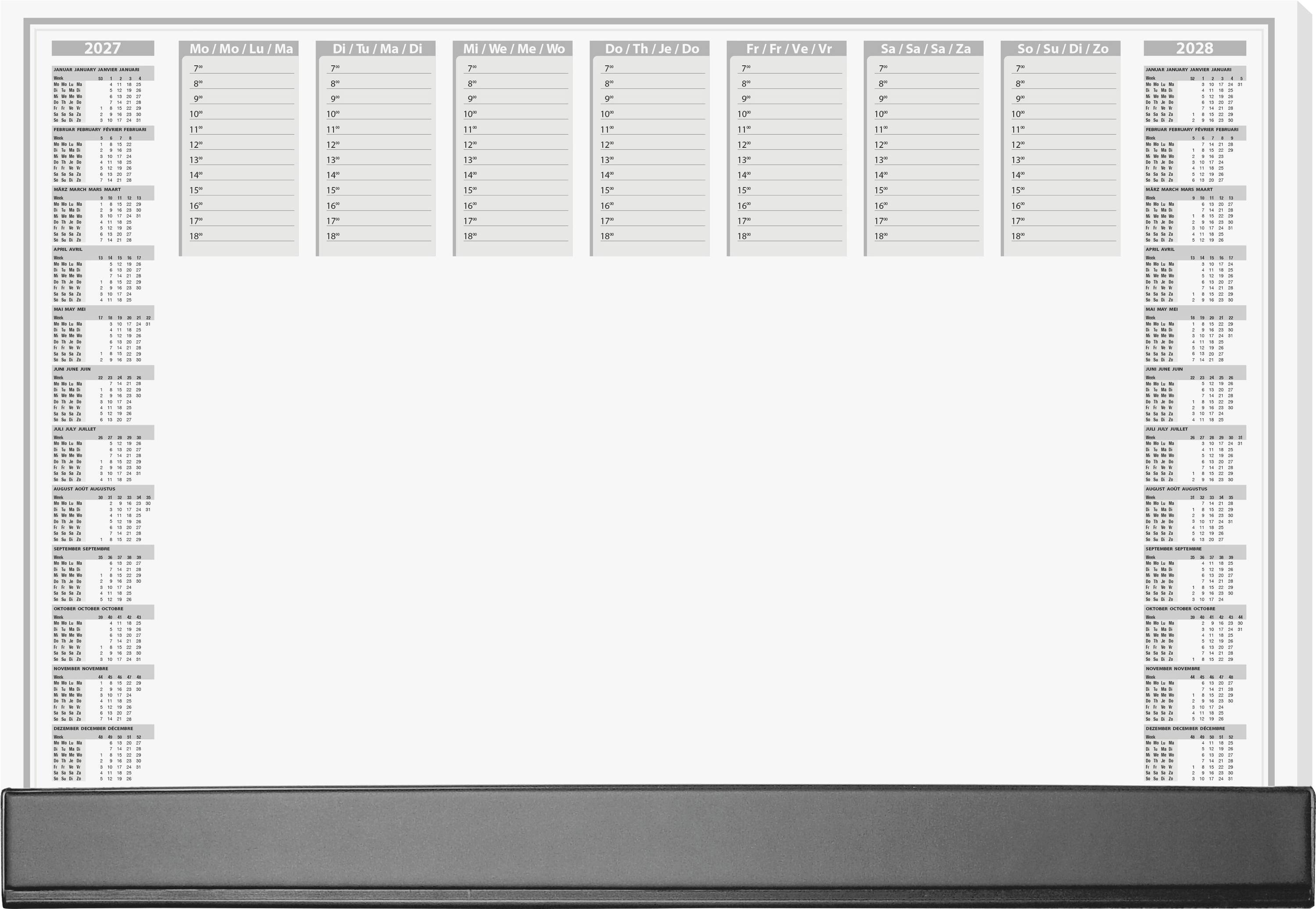 Blank yearly planning board with small monthly calendars for 2027 on the left and 2028 on the right, and weekday columns across the top.
