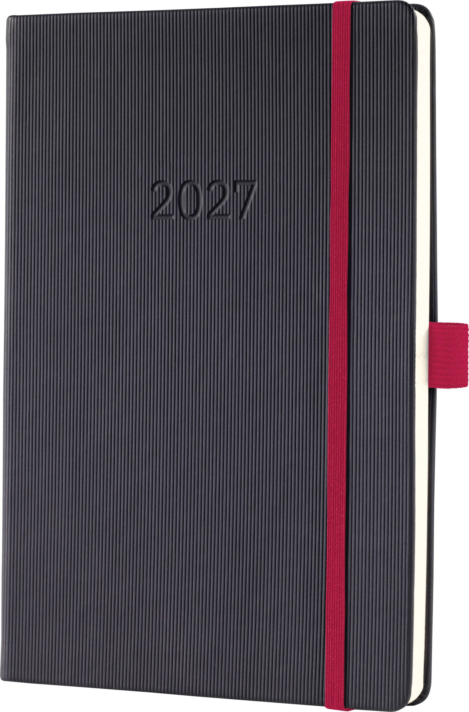 Black 2027 hardcover planner with a red elastic band and ribbon marker, shown closed against a white background.