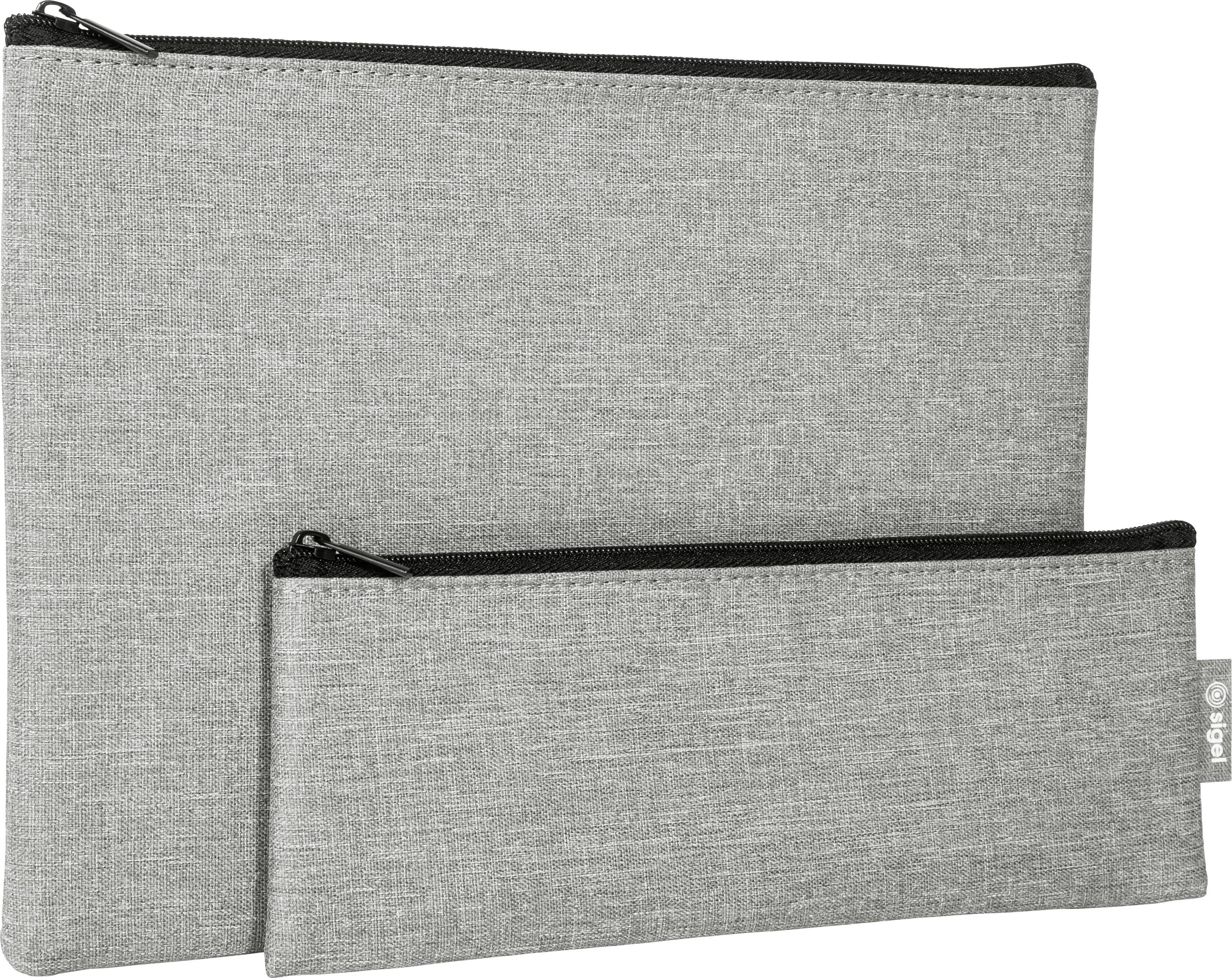 Two gray fabric zippered pouches, one large and one small, shown stacked on a white background.