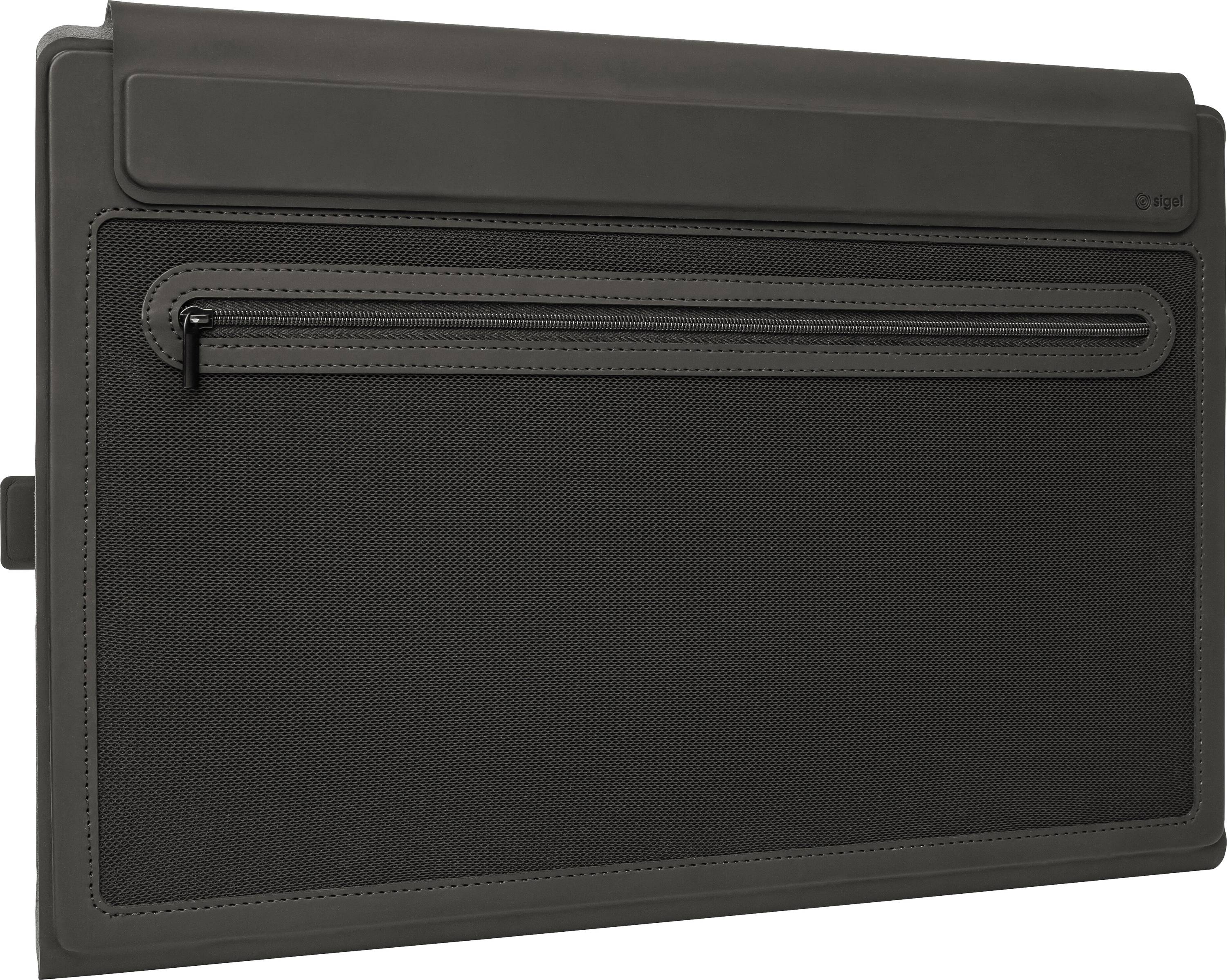 Black zippered portfolio case with front pocket, shown closed on a white background.