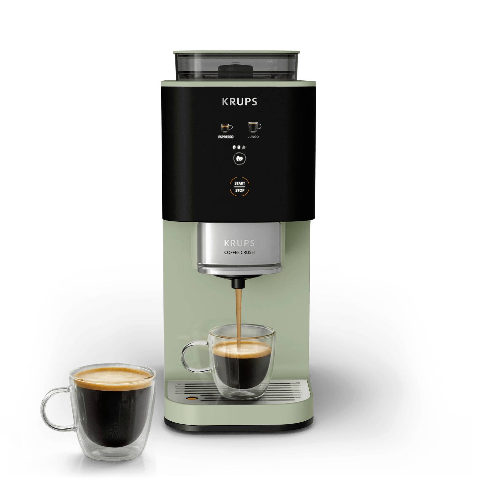 KRUPS coffee machine dispensing espresso into a glass cup, with a filled cup beside it on a white background.