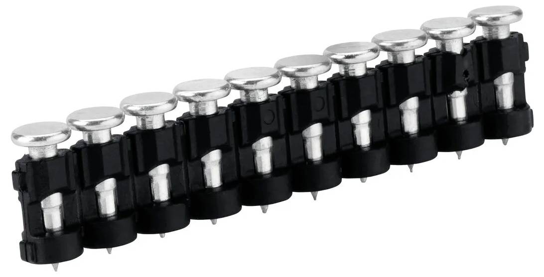 A row of black push-button or switch components with silver tops, aligned diagonally on a white background.