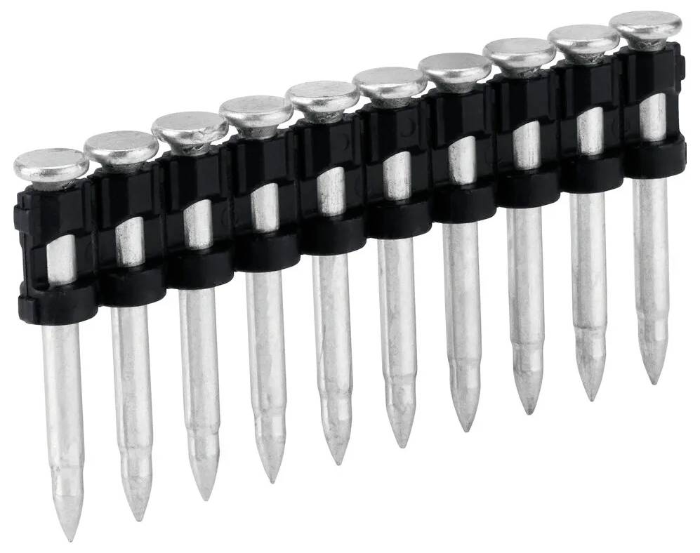 Row of collated metal nails in a black strip, shown on a white background.