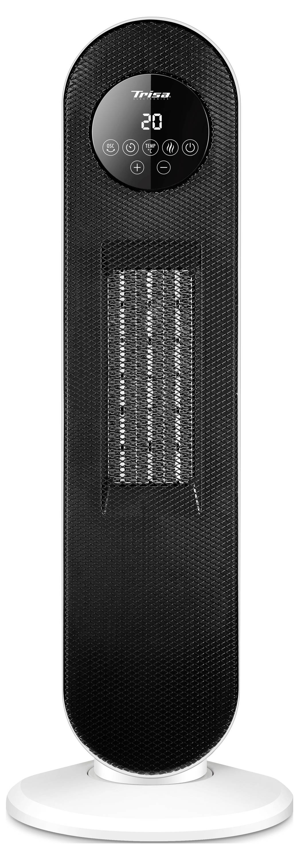 Black Tower fan heater on a white base, with a digital display showing 20 and touch controls on the front.