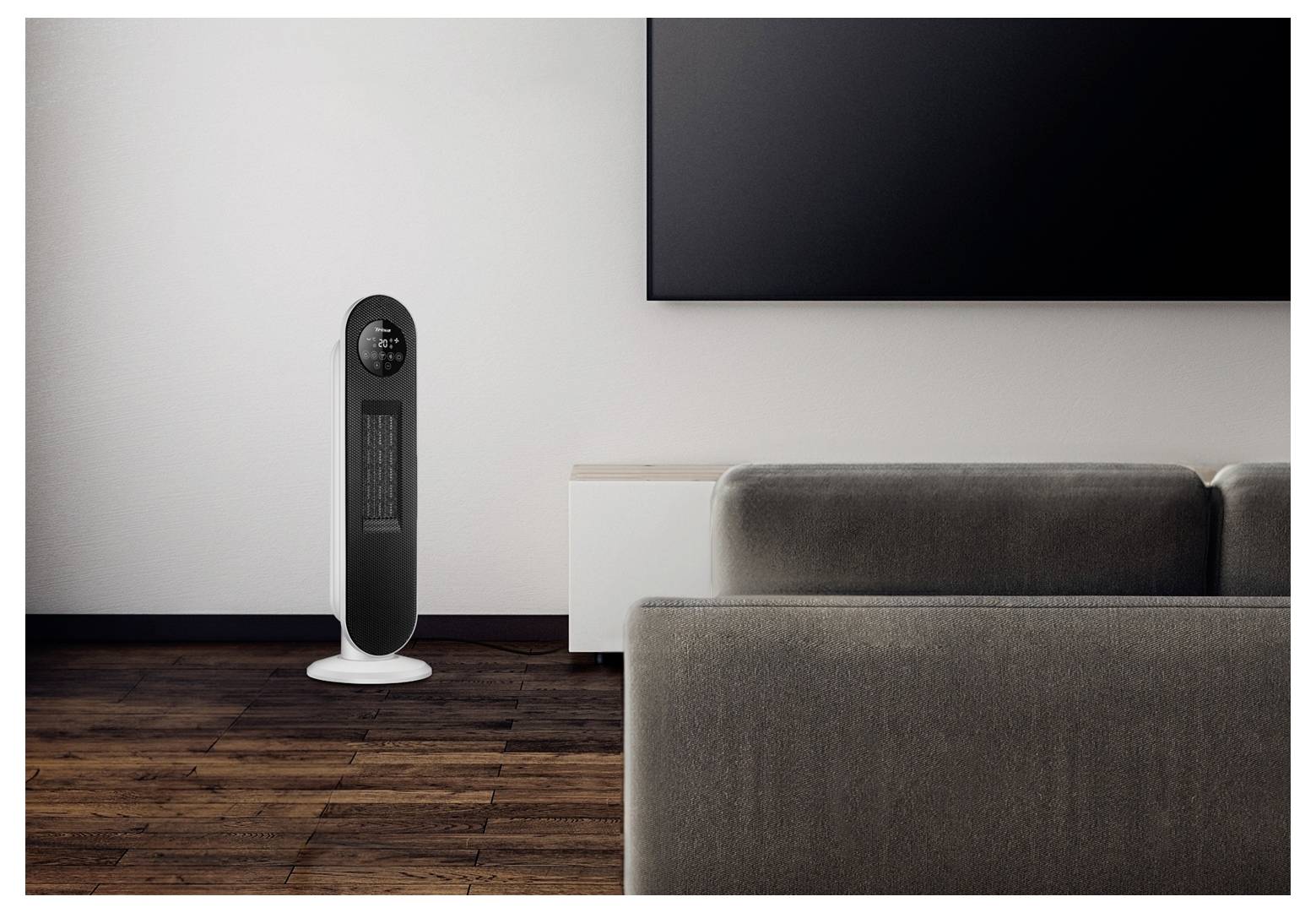 Modern living room with a black tower fan near the wall, wooden floor, gray sofa in the foreground, and a wall-mounted TV.