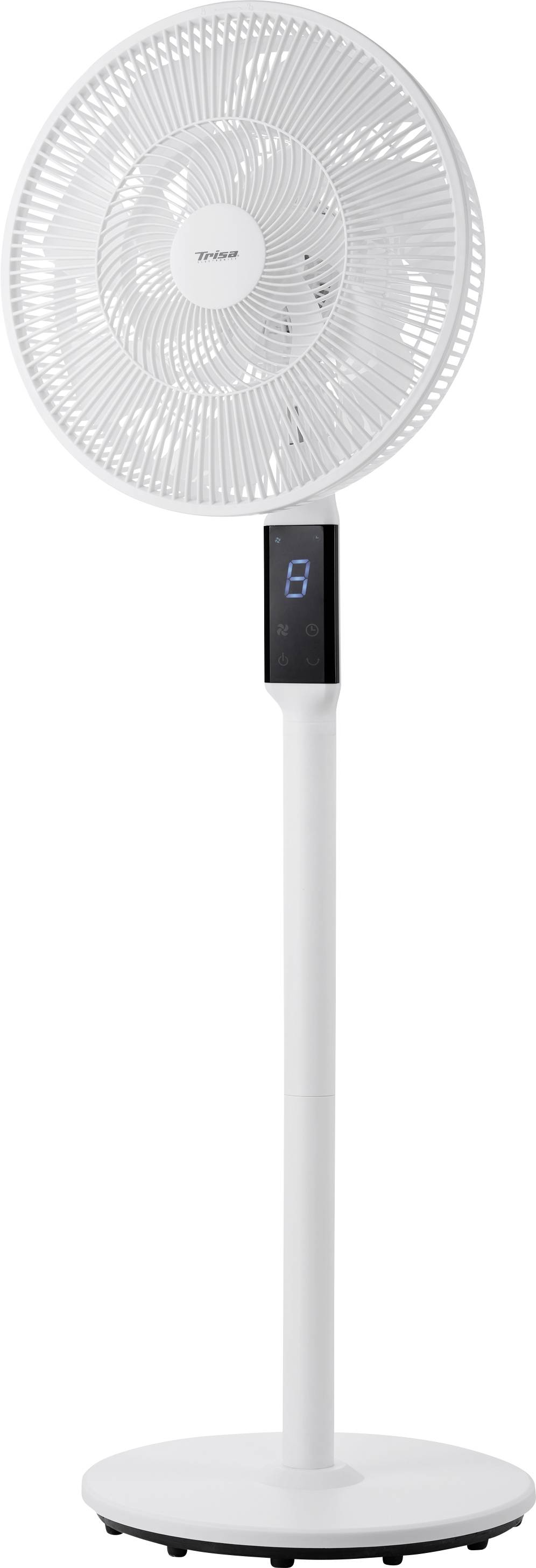 White pedestal fan with digital control display on a round base, shown against a plain white background.