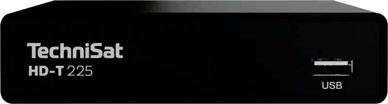 Front view of a TechniSat HD-T 225 digital TV receiver with a USB port labeled 'USB' on the right.
