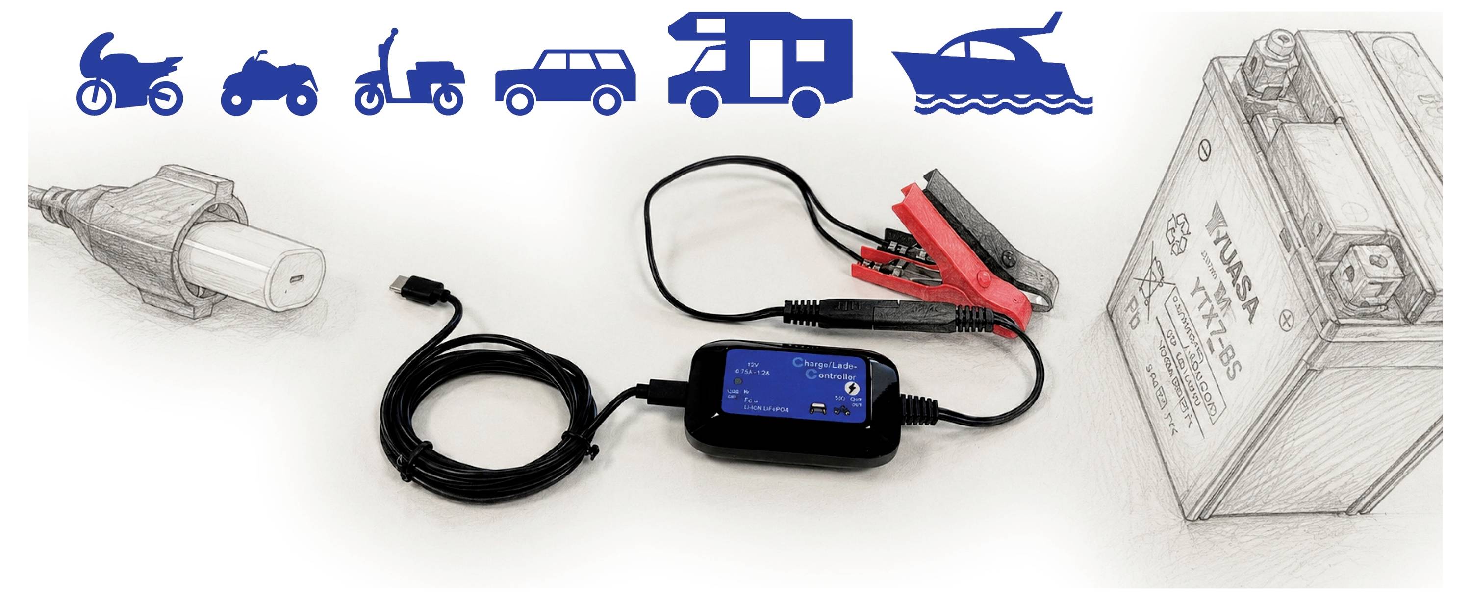 Battery tender/charger with black cable and red/black clamps, shown beside a sketched Yuasa motorcycle battery and vehicle icons indicating use for cars, bikes, and boats.