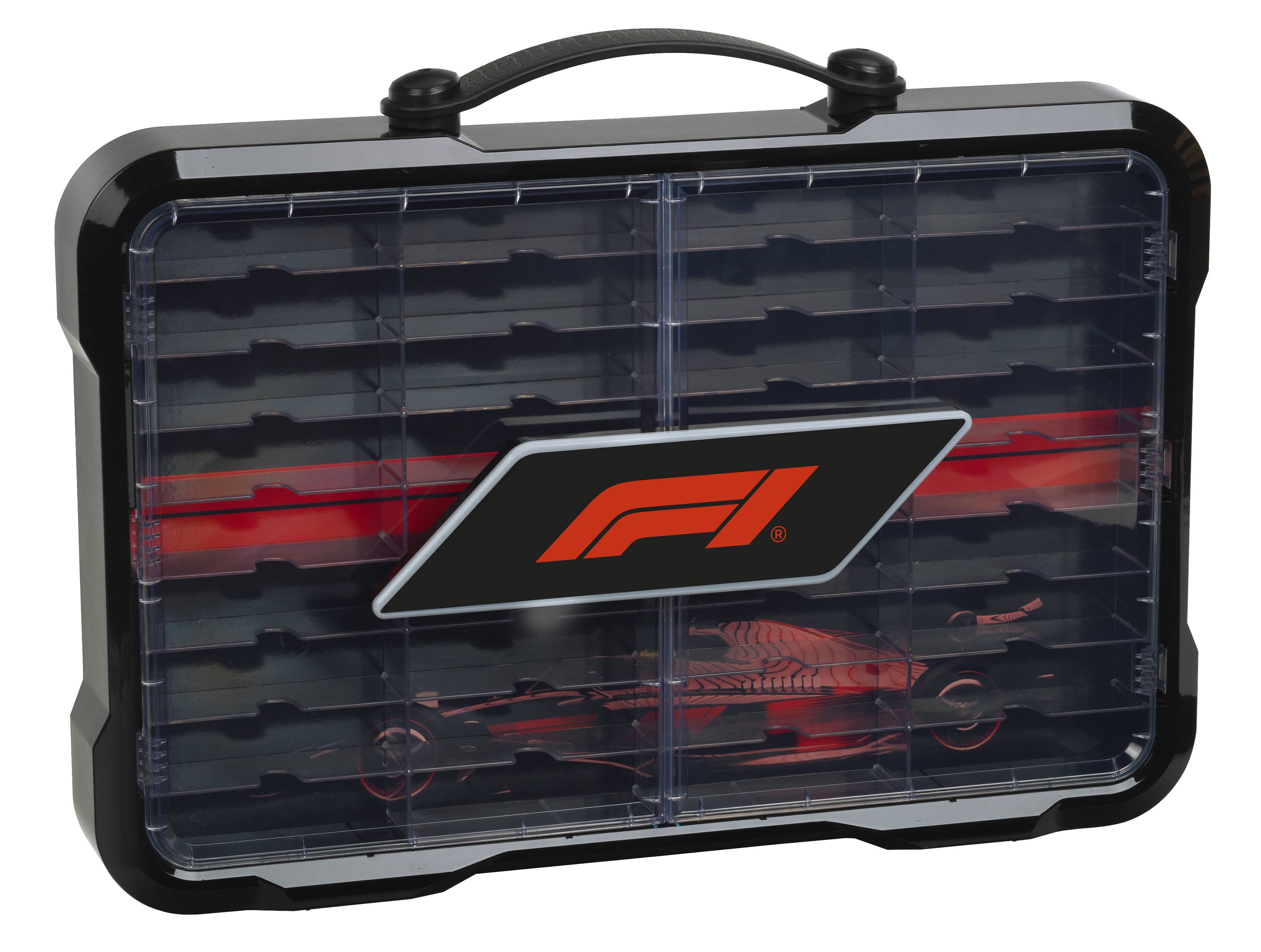 Black plastic carrying case with transparent front showing a red Formula 1 logo and a toy race car inside.