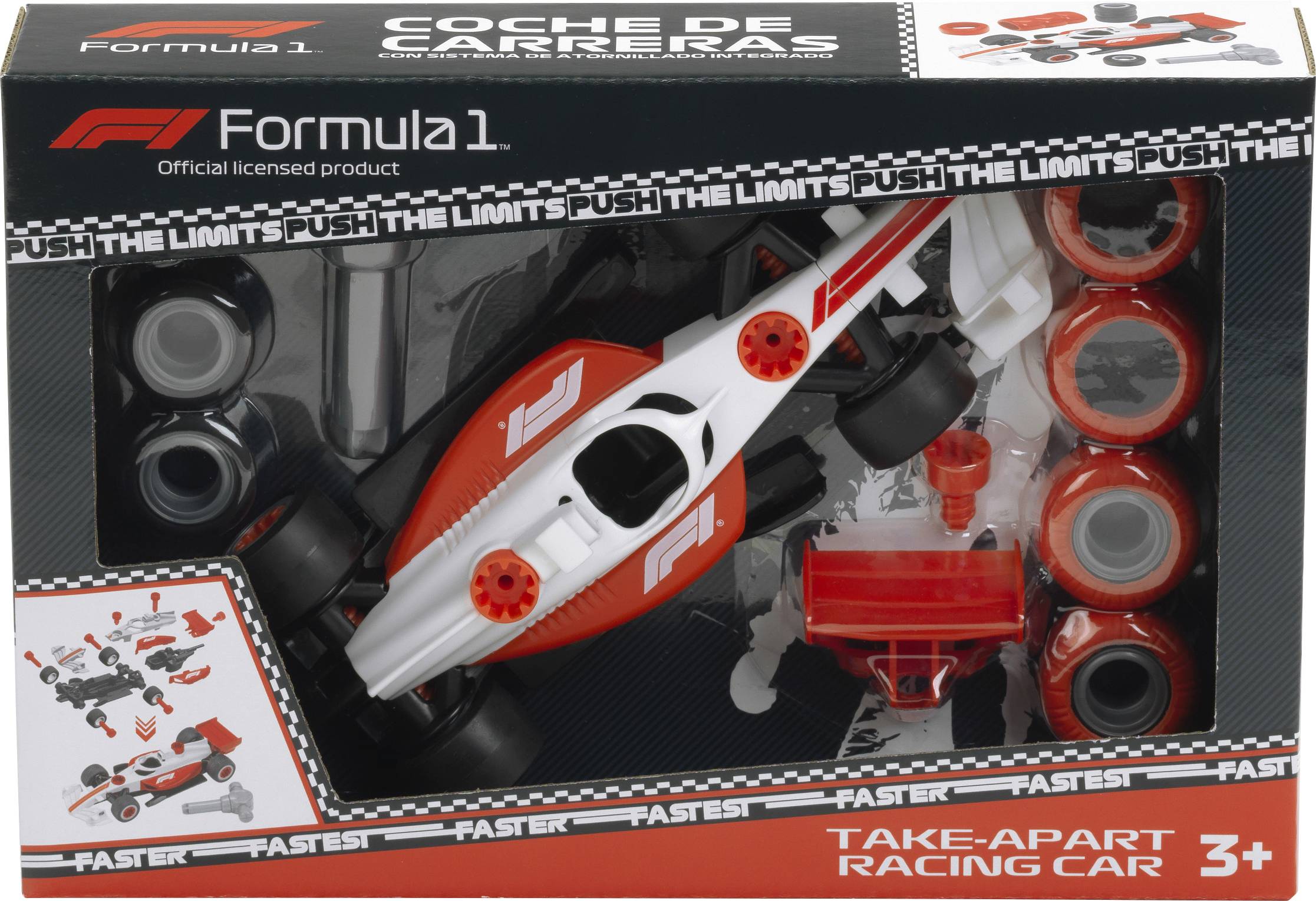 Formula 1 take-apart racing car toy in a boxed kit with tools and extra parts, labeled 'TAKE-APART RACING CAR' and '3+'