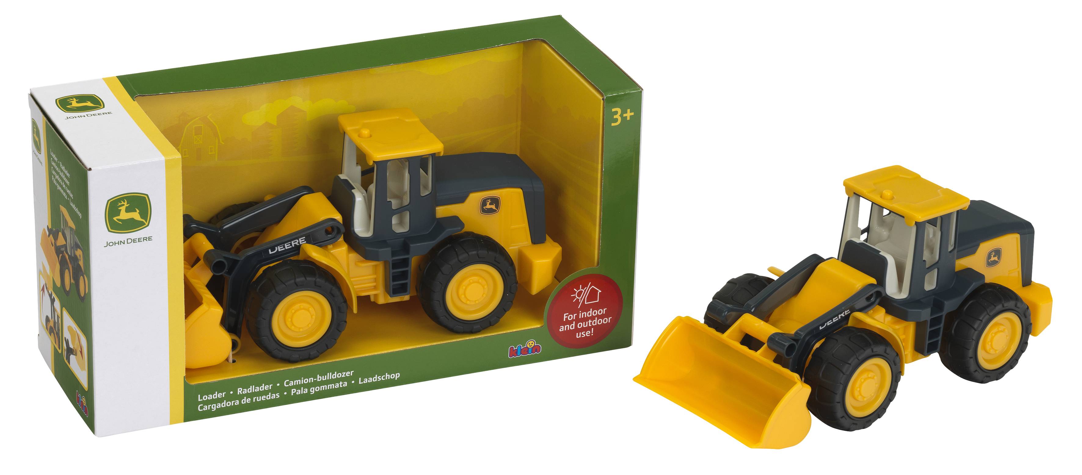 Toy John Deere front loader in box, shown alongside the packaged yellow-and-black construction vehicle with front bucket.