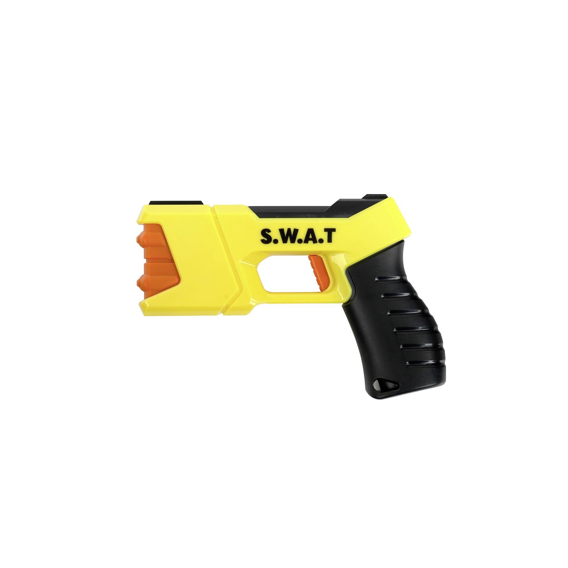 Yellow and black toy pistol labeled 'S.W.A.T.' on a white background.