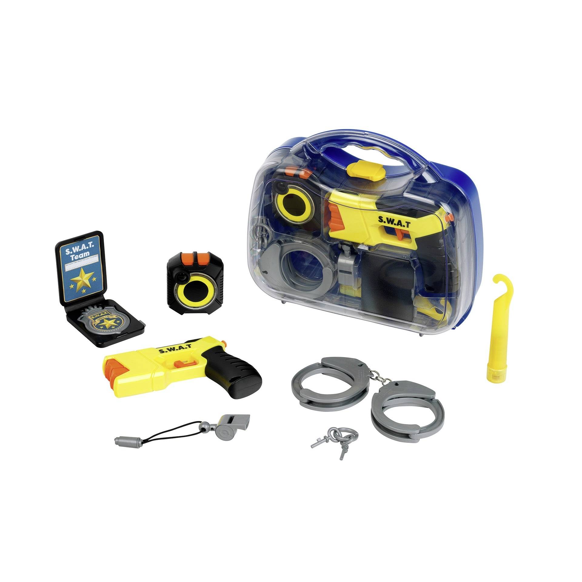 Toy SWAT-themed play set in a clear carrying case, with a toy gun, handcuffs, badges, key, whistle, and small accessory pieces.