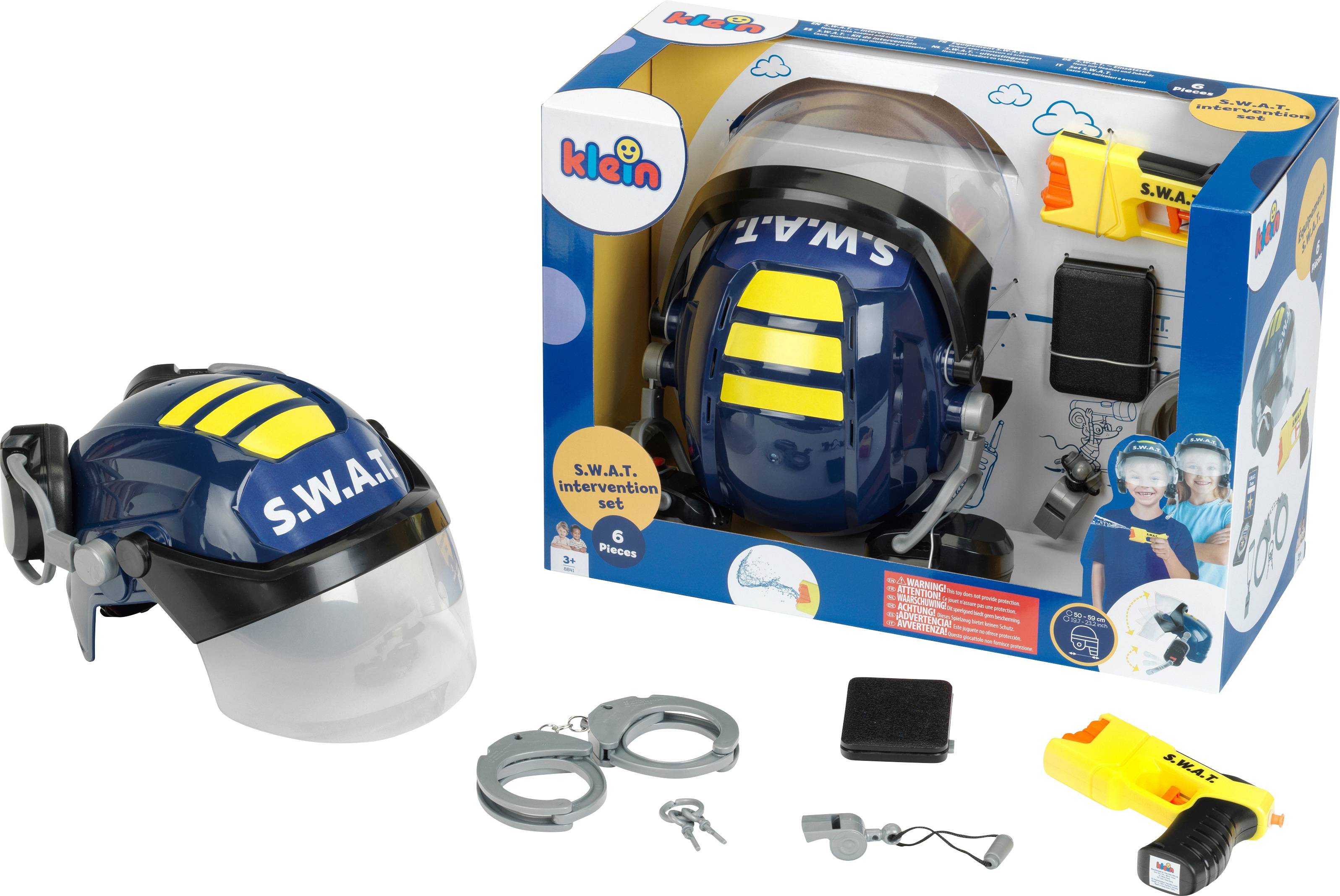 Kids' S.W.A.T. toy police helmet set with visor, handcuffs, fake radio, keys, and box packaging shown on a white background.