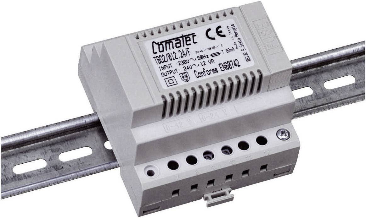 DIN rail switched-mode power supply by Comatec, Model T350.1/12.0/A, Input: 230V~, Output: 12V=, max. 3.5A. Housing in Grey.