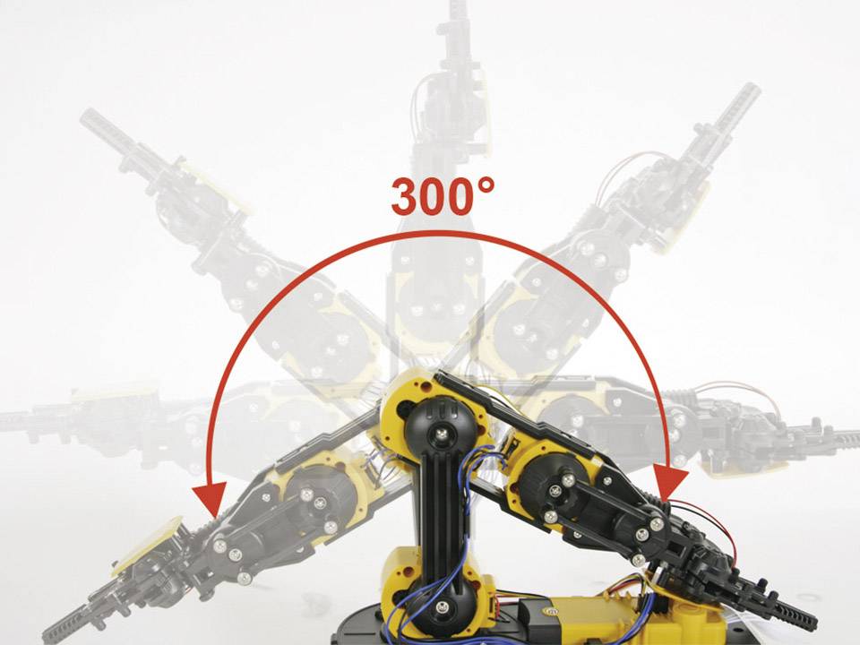 A robotic arm demonstrates a movement of 300 degrees, illustrated by a red arrow line. The primary feature is its rotational capacity.