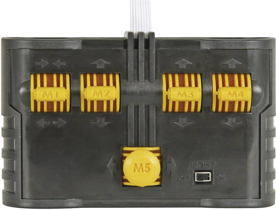 5-channel signal distributor with yellow and red connectors, marked as M1 to M5, on a black base. Reset switch located at the bottom.