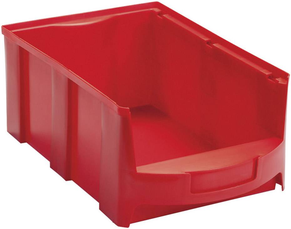 Red plastic storage box with an open compartment at the front for storing items.