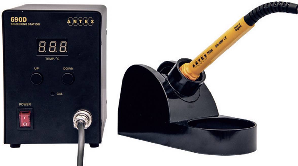 Soldering station with digital display and temperature control. A soldering iron rests in its stand. Ideal for precise soldering of electronic components.