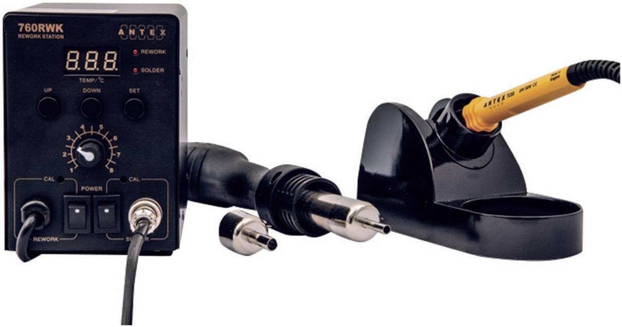 Soldering station with digital display, temperature control and two soldering tools. Suitable for repairs and precision work.