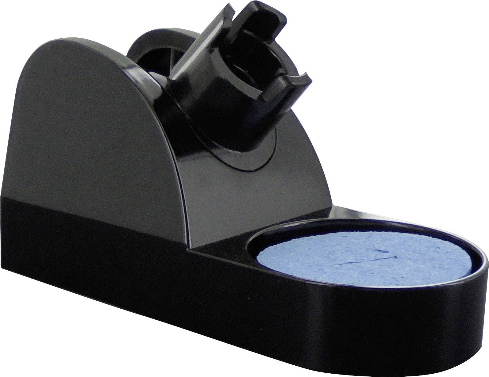 A black plastic casing with a blue circular disc, possibly a cleaning accessory or a component of an apparatus.