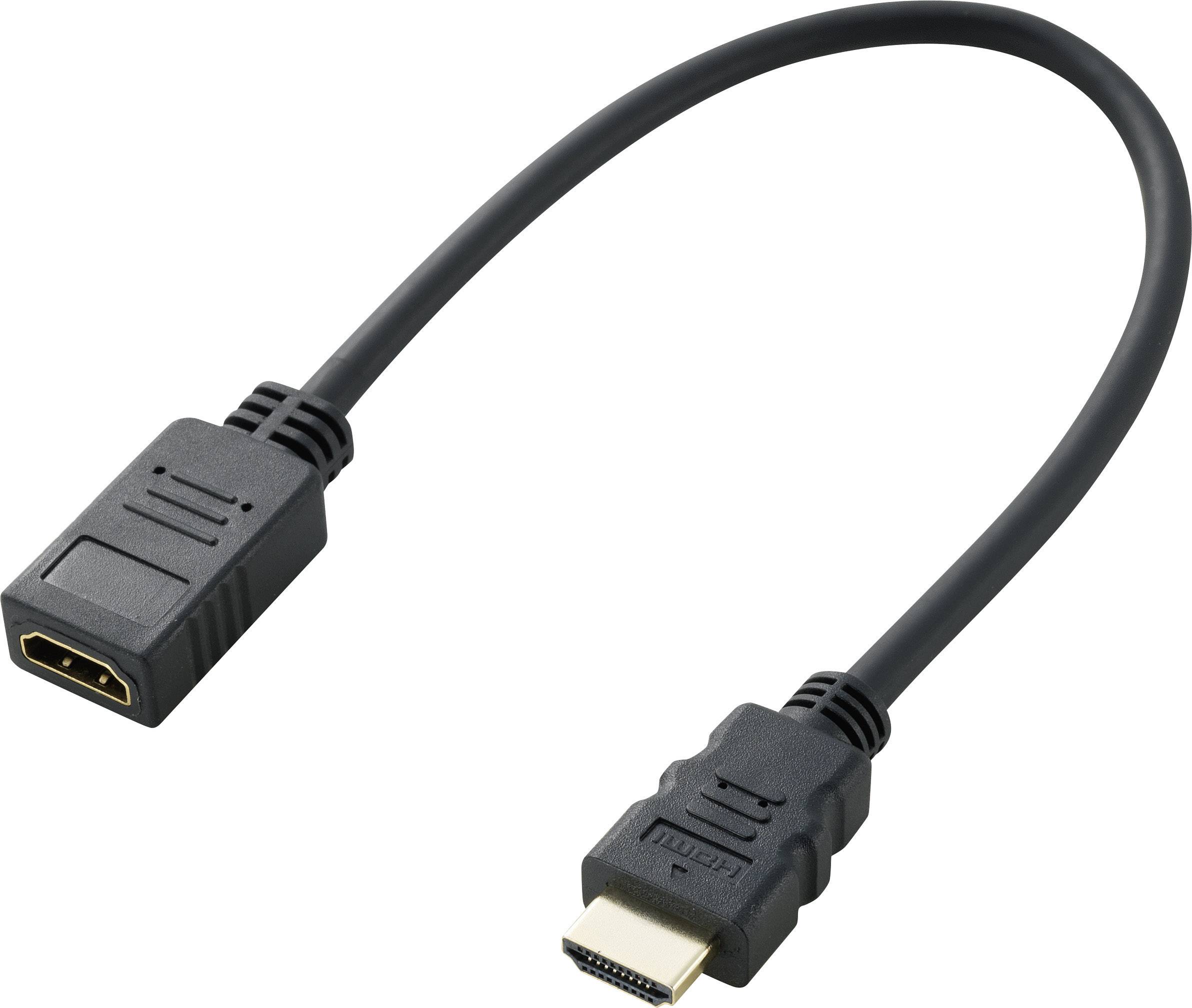 A black HDMI extension cable with a male and a female connector.