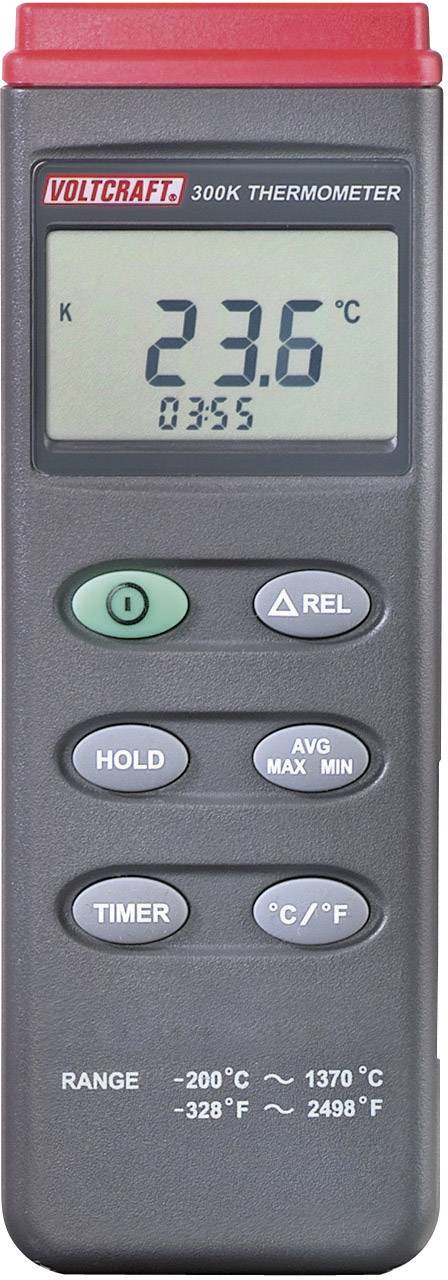 Hand-held digital thermometer displaying '23.6°C'. Buttons for 'HOLD', 'TIMER', 'AVG/MAX/MIN', and unit conversion '°C/°F'. Range: -200°C to 1370°C.
