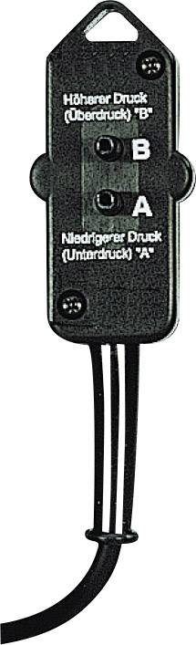 A pressure sensor with two letter markings 'B' for higher pressure and 'A' for lower pressure, connected with cables.