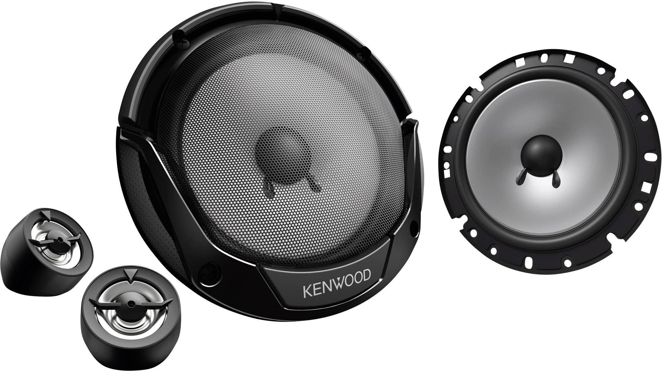 Round Kenwood speakers in various sizes. Main loudspeaker with two smaller tweeters positioned beside it, all in black.