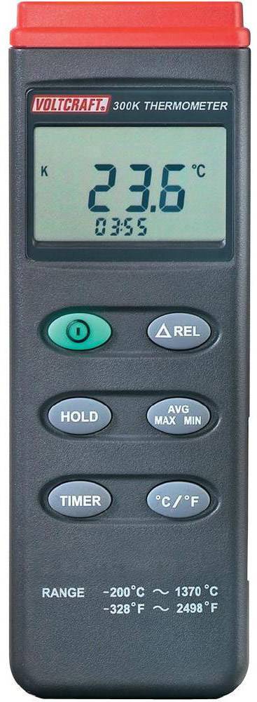 A digital thermometer displays '23.6 °C'. It has buttons for Hold, Timer, and °C/°F selection. The device frame has a grey surface.