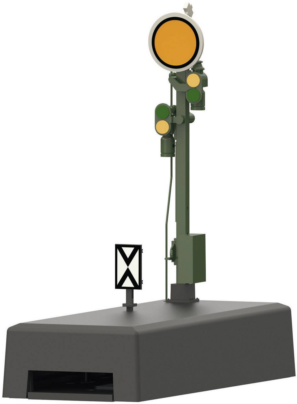 The image shows a railway signal with two green and two yellow lights mounted on a grey base.