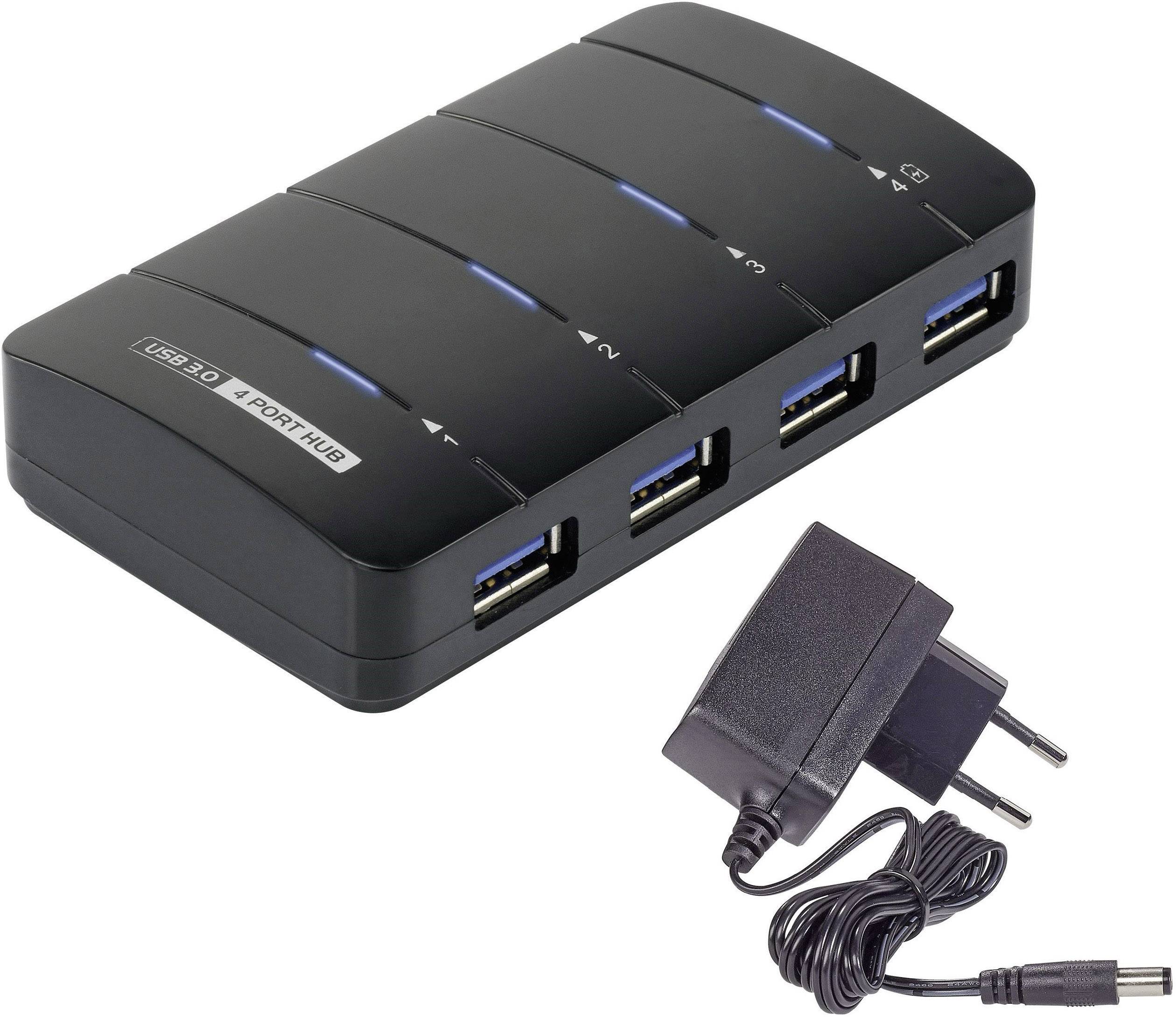 USB 3.0 Hub with Four Ports and Power Supply. Each Socket Has a Blue LED Indicator. This Device Expands Connection Options.