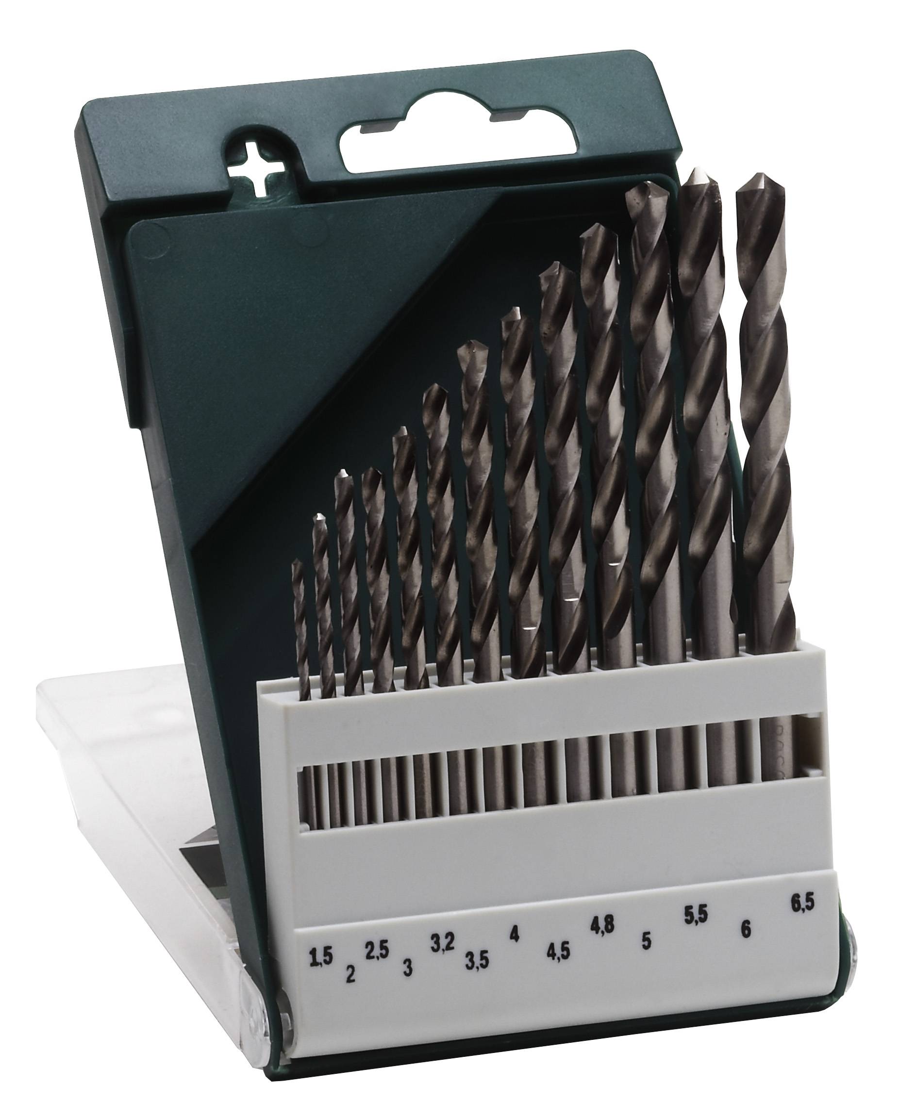 Metal drill bit set in an open plastic case; ten drill bits arranged in ascending sizes from 1.5 to 6.5 mm.