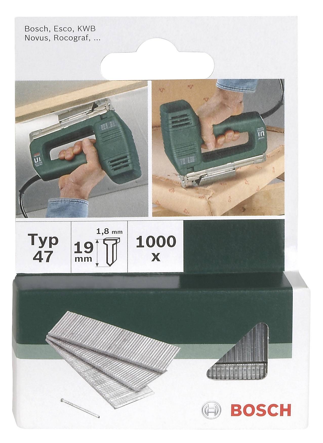 Pack of Bosch staples Type 47, 19 mm length, 1,000 pieces. Suitable for staple gun, as shown in the illustration.